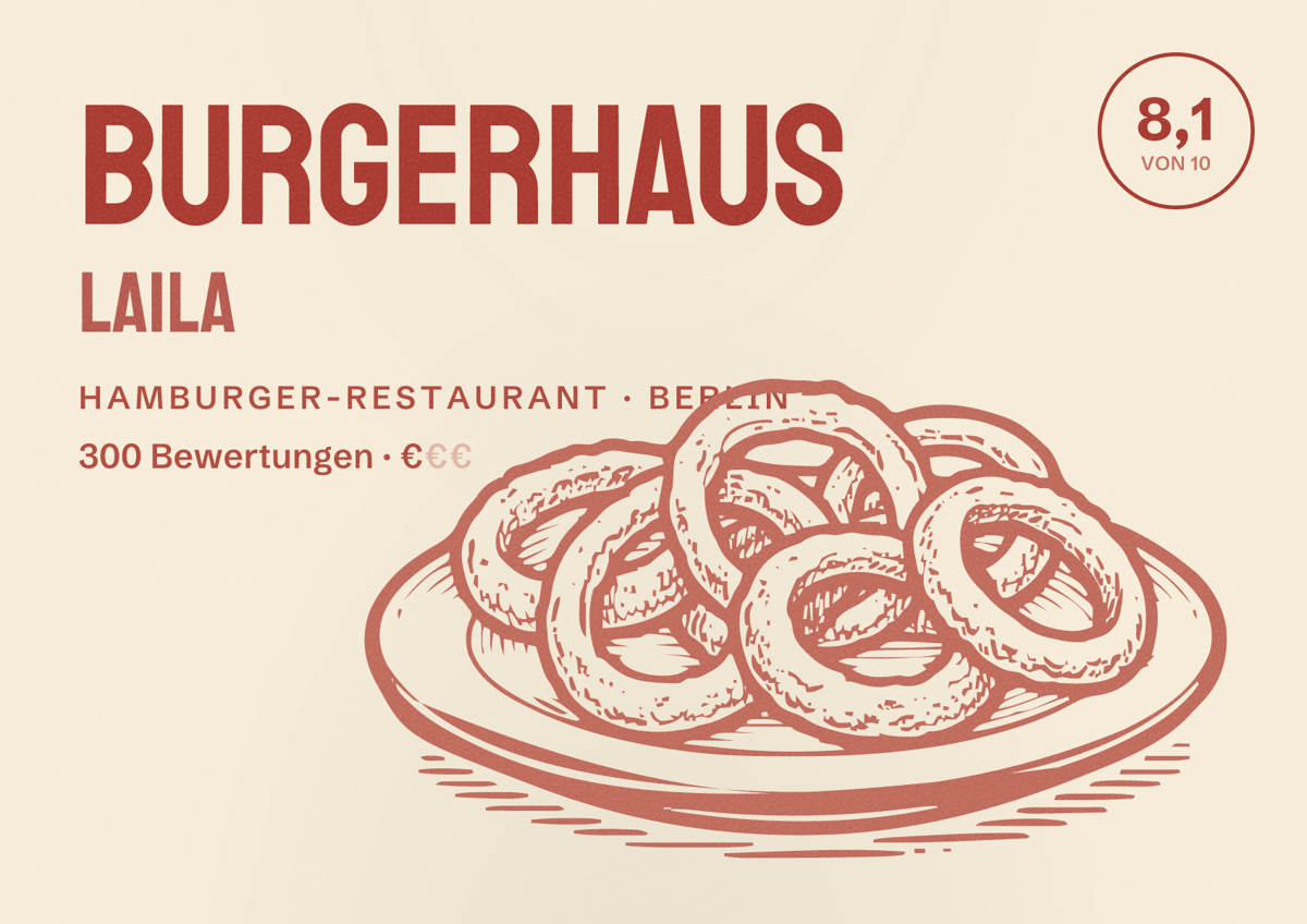 Illustriertes Poster von Burgerhaus Laila, Hamburger-Restaurant in Berlin: Bewertung 8,1 von 10 aus 300 Bewertungen, Preisniveau €