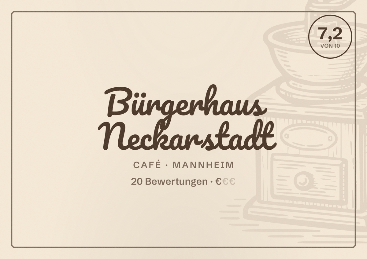 Illustriertes Poster von Bürgerhaus Neckarstadt, Café in Mannheim: Bewertung 7,2 von 10 aus 20 Bewertungen, Preisniveau €