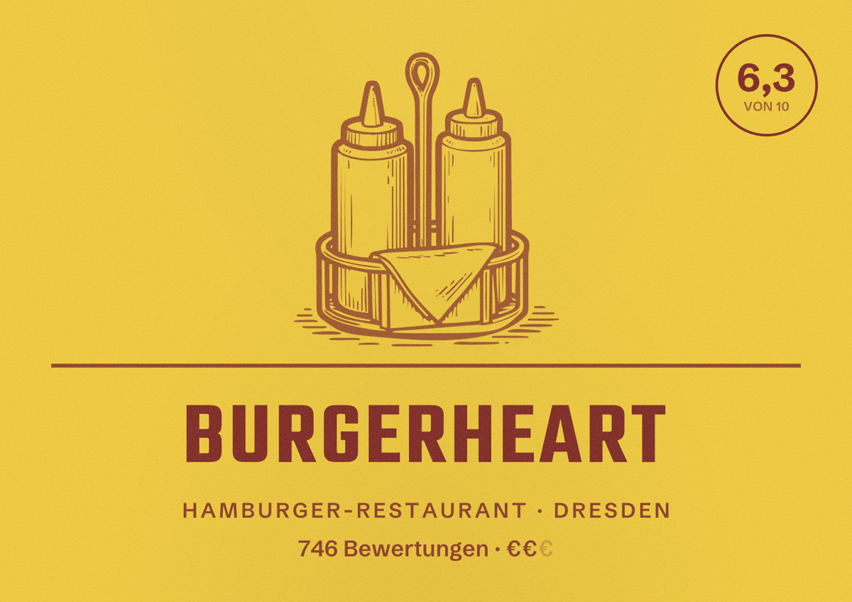Illustriertes Poster von Burgerheart, Hamburger-Restaurant in Dresden: Bewertung 6,3 von 10 aus 746 Bewertungen, Preisniveau €€