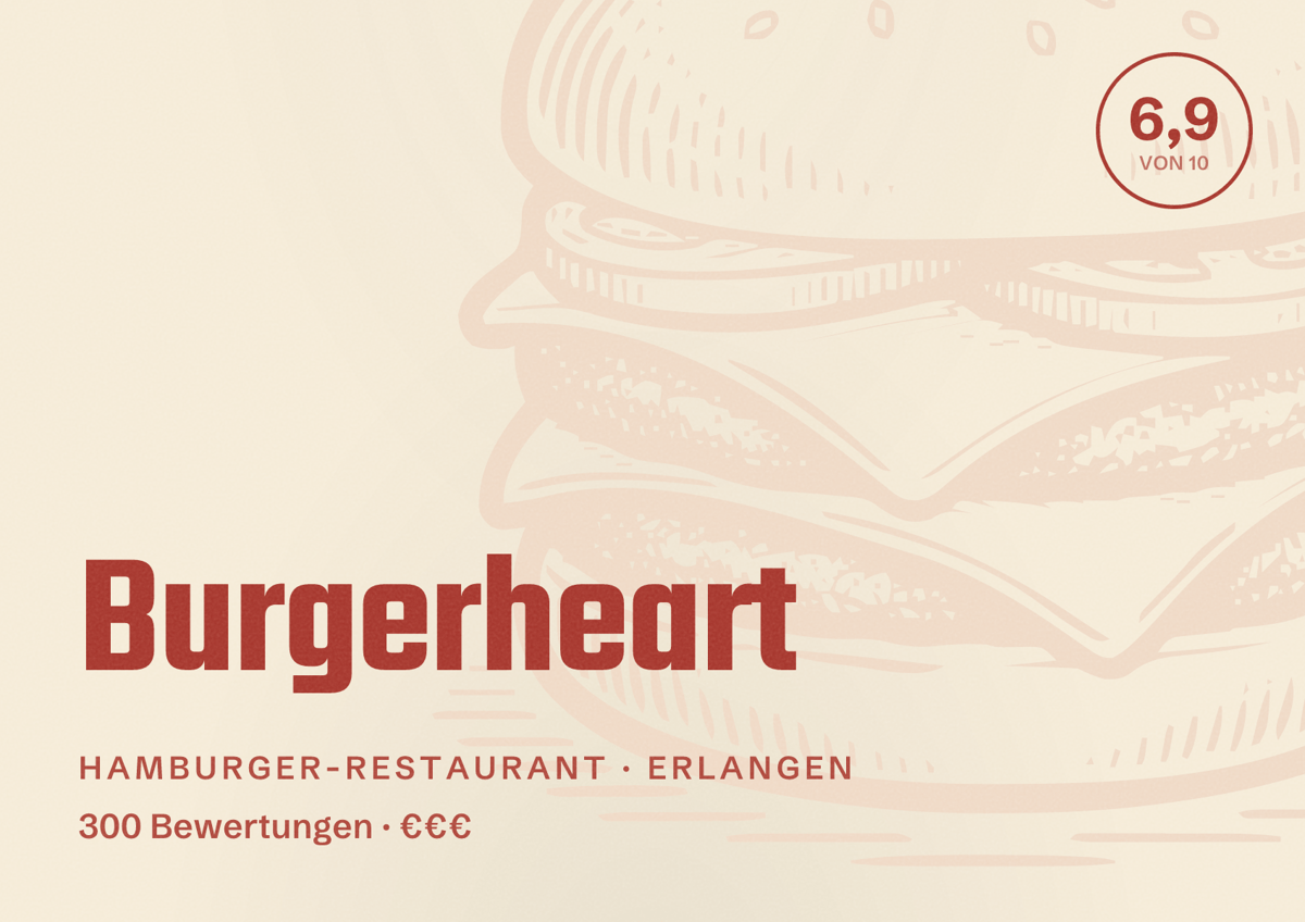 Illustriertes Poster von Burgerheart, Hamburger-Restaurant in Erlangen: Bewertung 6,9 von 10 aus 300 Bewertungen, Preisniveau €€€