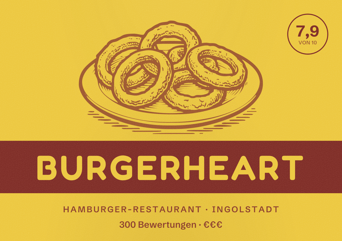 Illustriertes Poster von Burgerheart, Hamburger-Restaurant in Ingolstadt: Bewertung 7,9 von 10 aus 300 Bewertungen, Preisniveau €€€