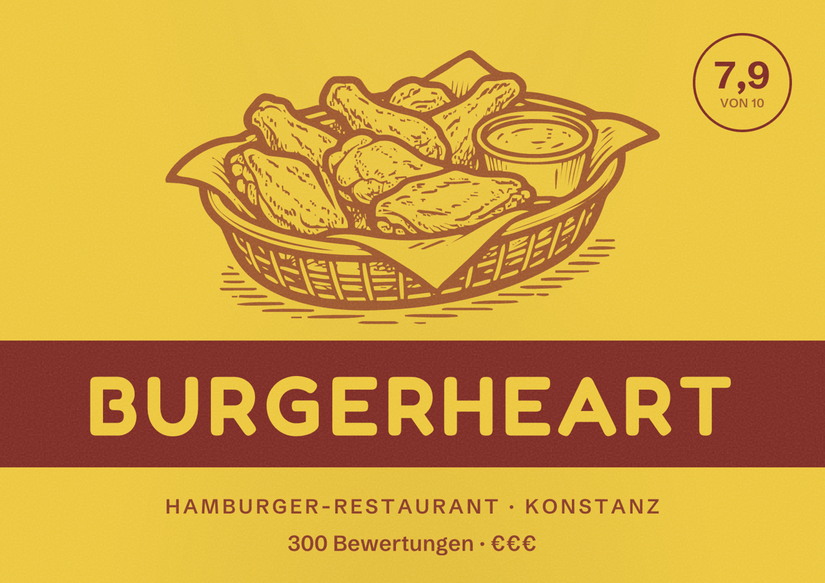 Illustriertes Poster von Burgerheart, Hamburger-Restaurant in Konstanz: Bewertung 7,9 von 10 aus 300 Bewertungen, Preisniveau €€€