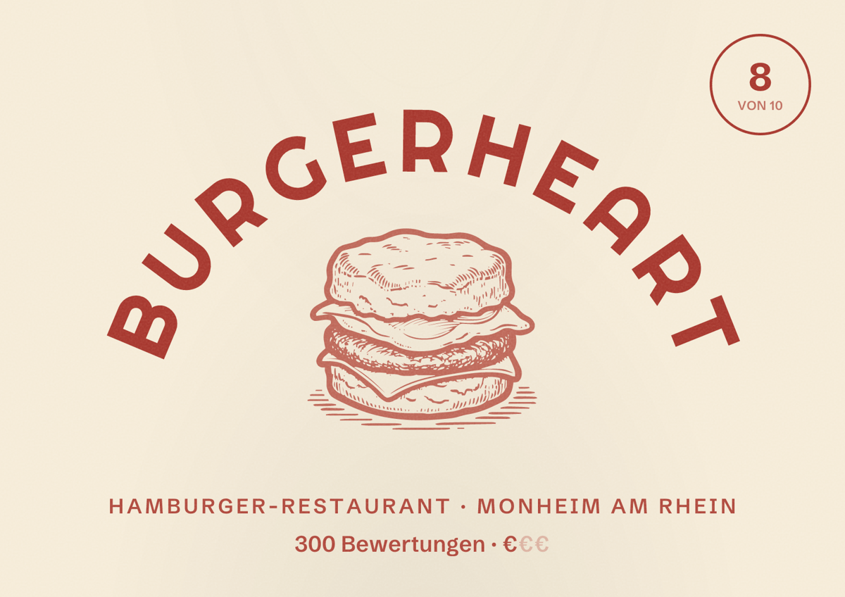 Illustriertes Poster von Burgerheart, Hamburger-Restaurant in Monheim am Rhein: Bewertung 8 von 10 aus 300 Bewertungen, Preisniveau €