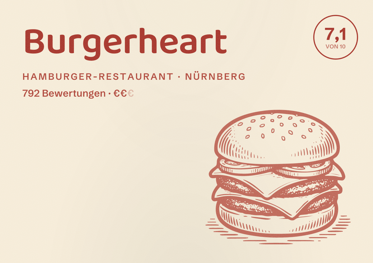 Illustriertes Poster von Burgerheart, Hamburger-Restaurant in Nürnberg: Bewertung 7,1 von 10 aus 792 Bewertungen, Preisniveau €€