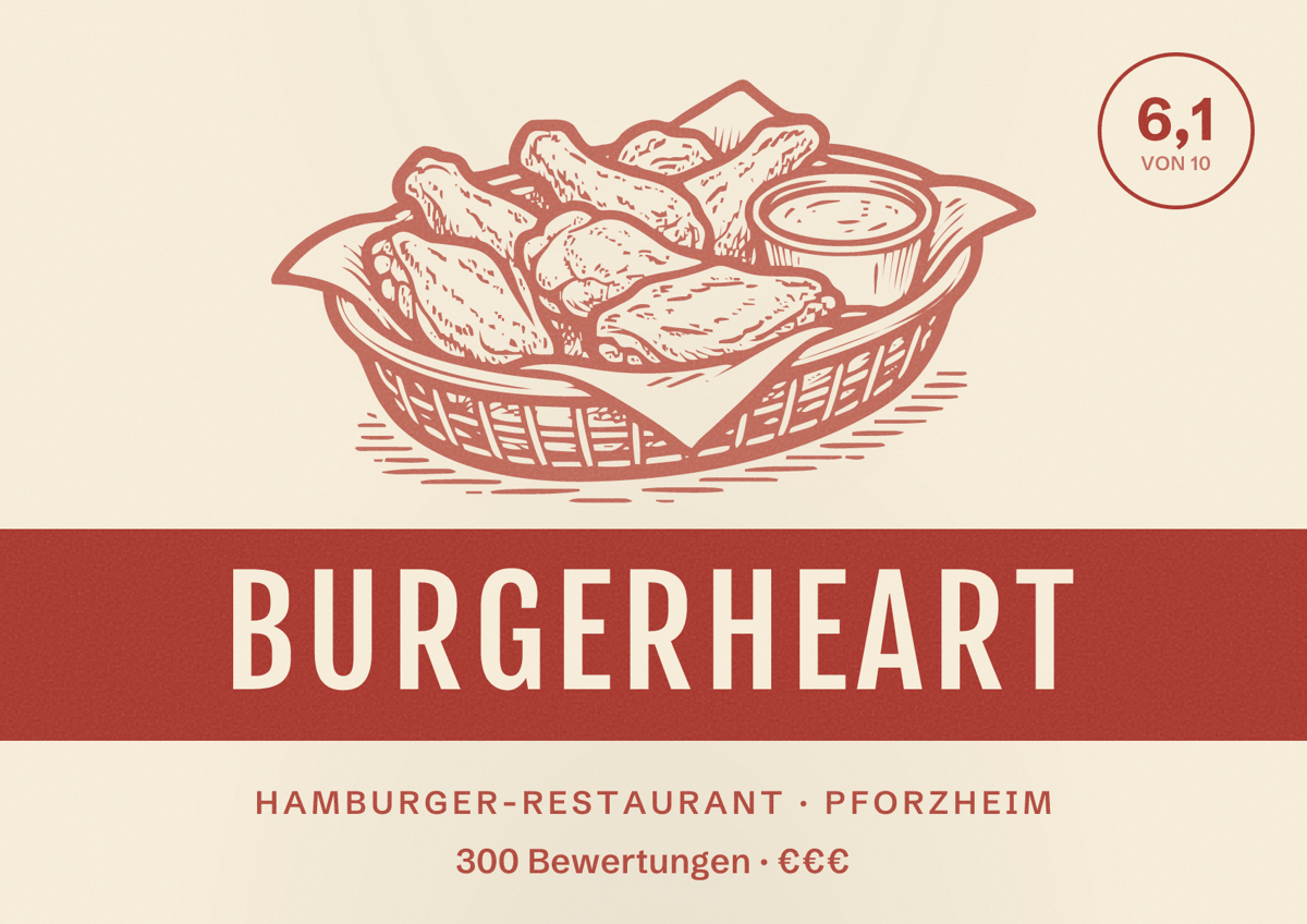 Illustriertes Poster von Burgerheart, Hamburger-Restaurant in Pforzheim: Bewertung 6,1 von 10 aus 300 Bewertungen, Preisniveau €€€