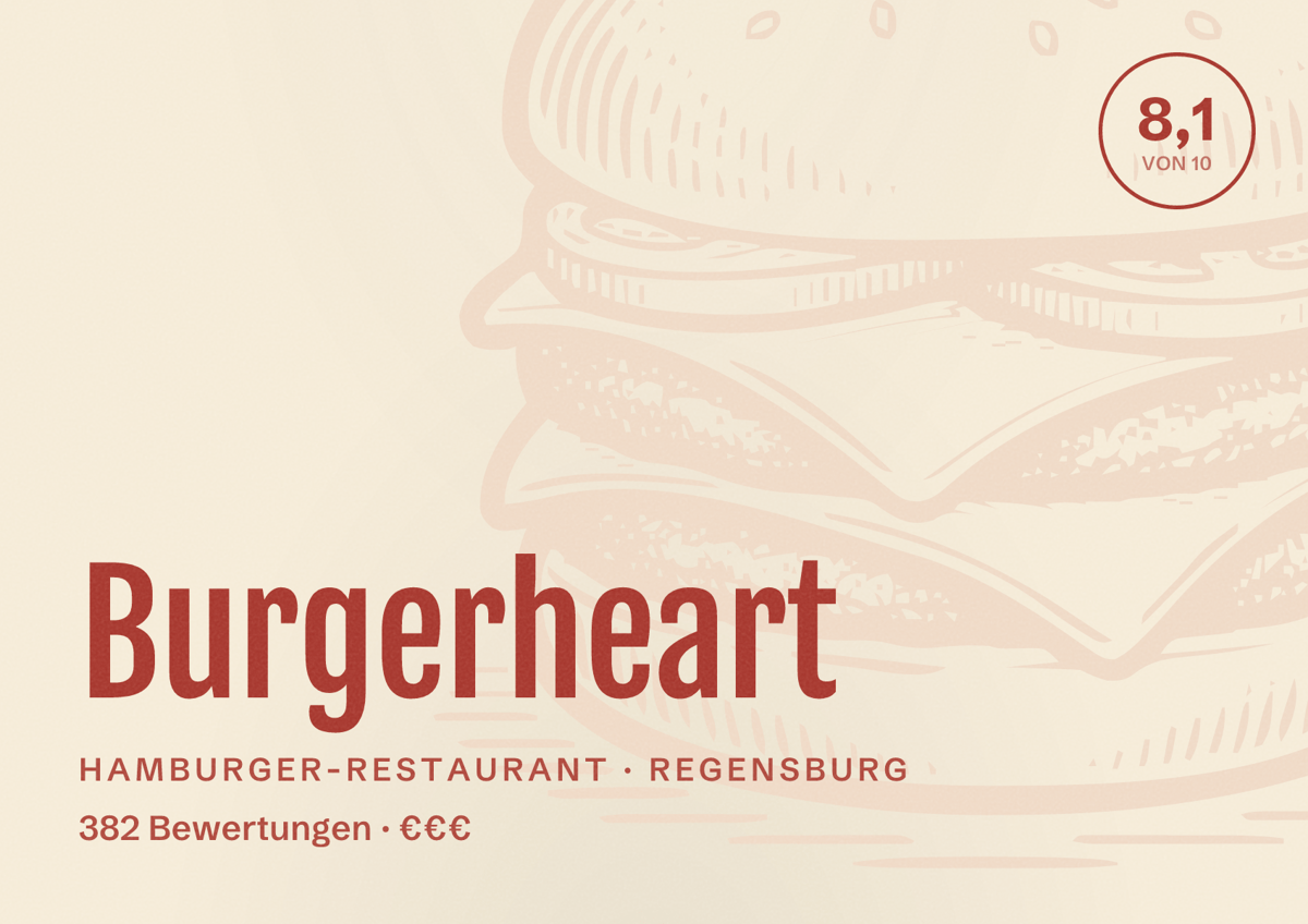 Illustriertes Poster von Burgerheart, Hamburger-Restaurant in Regensburg: Bewertung 8,1 von 10 aus 382 Bewertungen, Preisniveau €€€