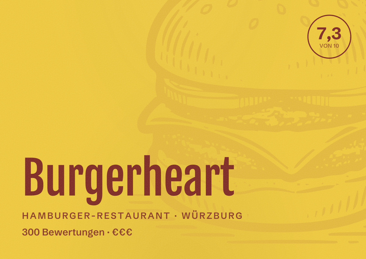 Illustriertes Poster von Burgerheart, Hamburger-Restaurant in Würzburg: Bewertung 7,3 von 10 aus 300 Bewertungen, Preisniveau €€€