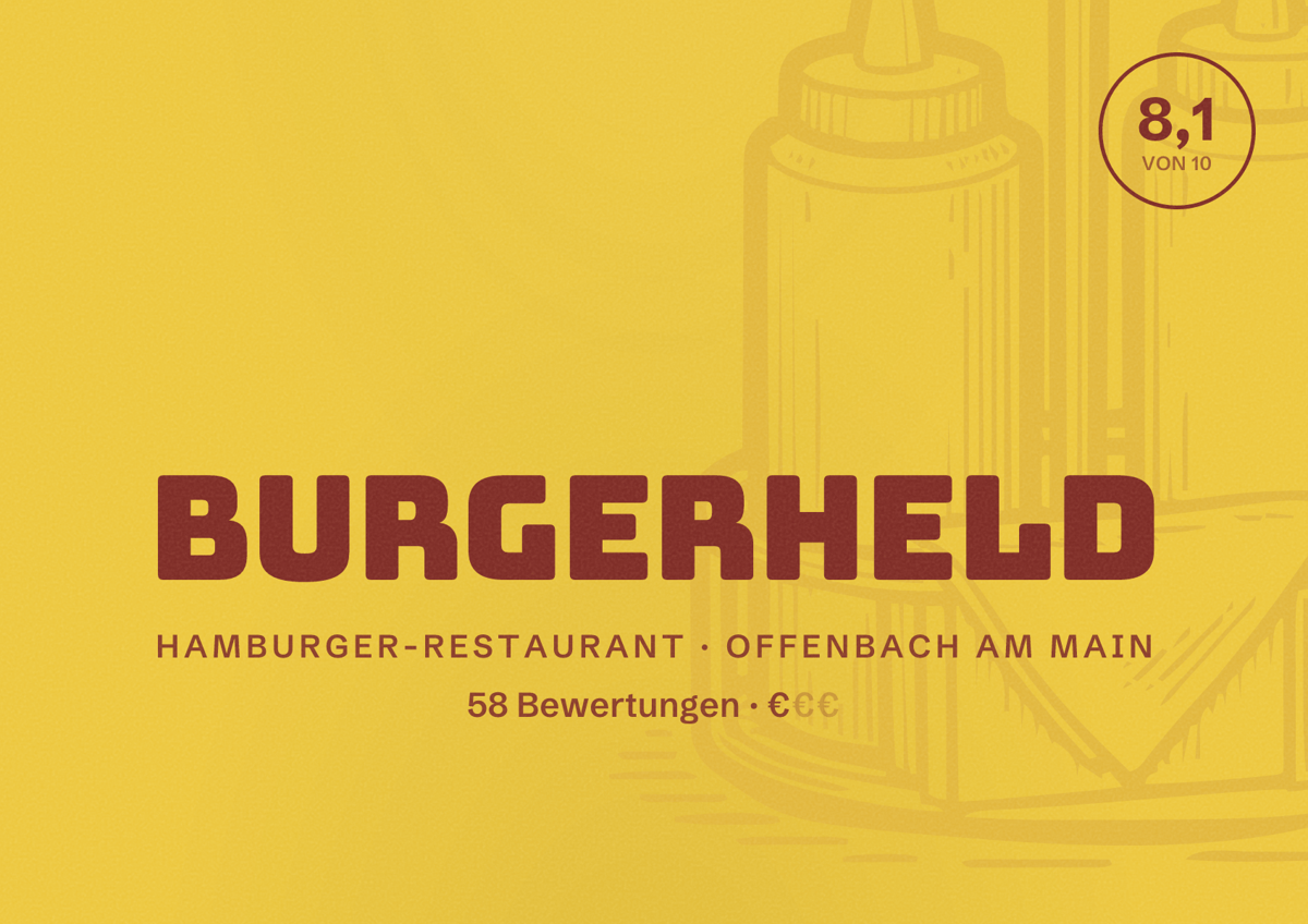 Illustriertes Poster von Burgerheld, Hamburger-Restaurant in Offenbach am Main: Bewertung 8,1 von 10 aus 58 Bewertungen, Preisniveau €