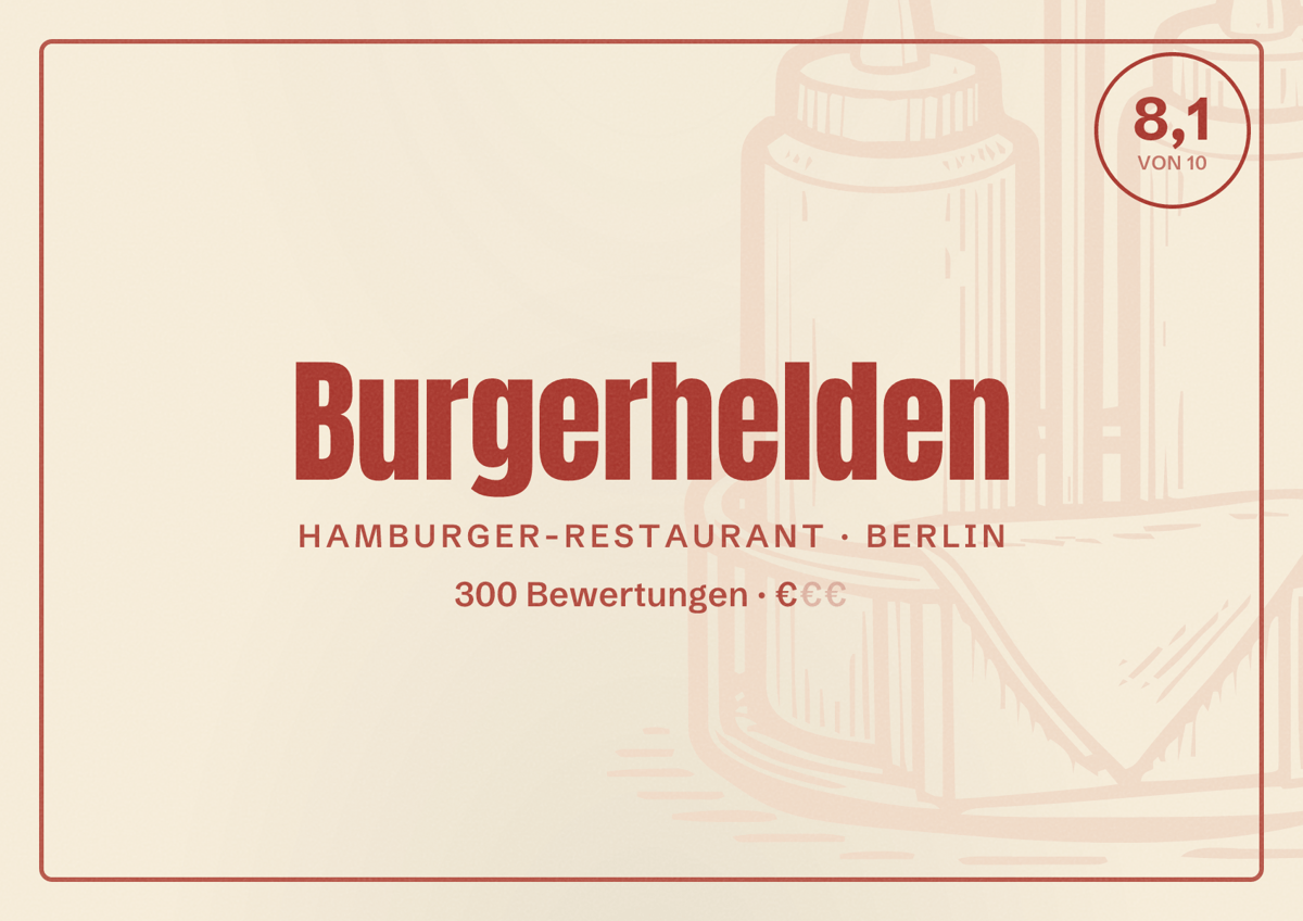 Illustriertes Poster von Burgerhelden, Hamburger-Restaurant in Berlin: Bewertung 8,1 von 10 aus 300 Bewertungen, Preisniveau €