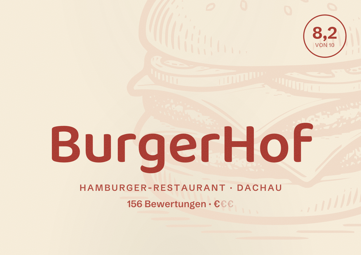 Illustriertes Poster von BurgerHof, Hamburger-Restaurant in Dachau: Bewertung 8,2 von 10 aus 156 Bewertungen, Preisniveau €