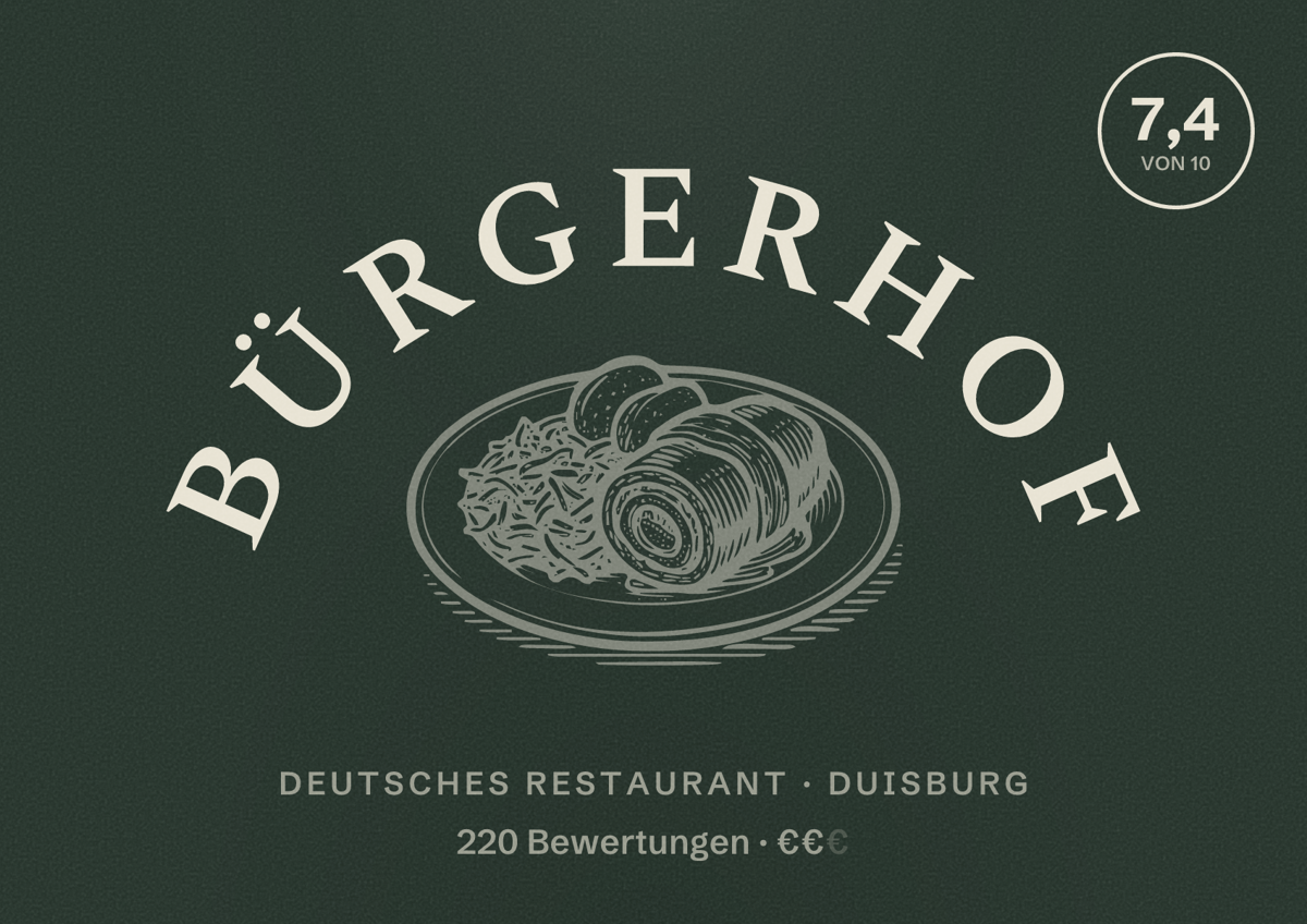 Illustriertes Poster von Bürgerhof, Deutsches Restaurant in Duisburg: Gästebewertung 7,4 von 10 aus 220 Bewertungen