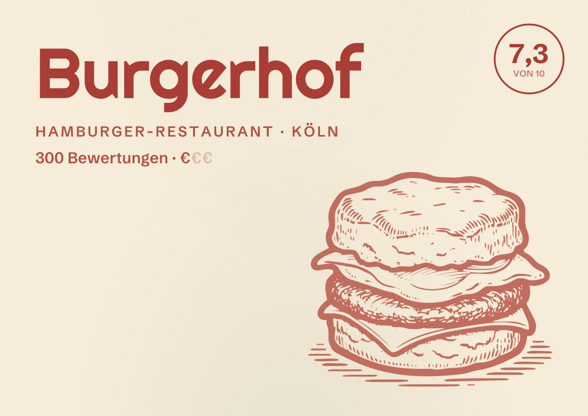 Illustriertes Poster von Burgerhof, Hamburger-Restaurant in Köln: Bewertung 7,3 von 10 aus 300 Bewertungen, Preisniveau €