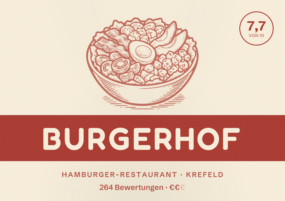 Illustriertes Poster von BurgerHof, Hamburger-Restaurant in Krefeld: Bewertung 7,7 von 10 aus 264 Bewertungen, Preisniveau €€