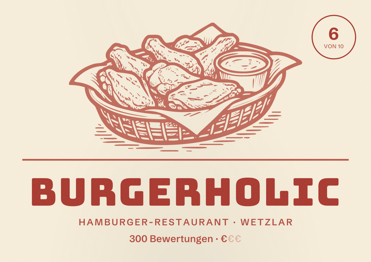 Illustriertes Poster von Burgerholic, Hamburger-Restaurant in Wetzlar: Bewertung 6 von 10 aus 300 Bewertungen, Preisniveau €