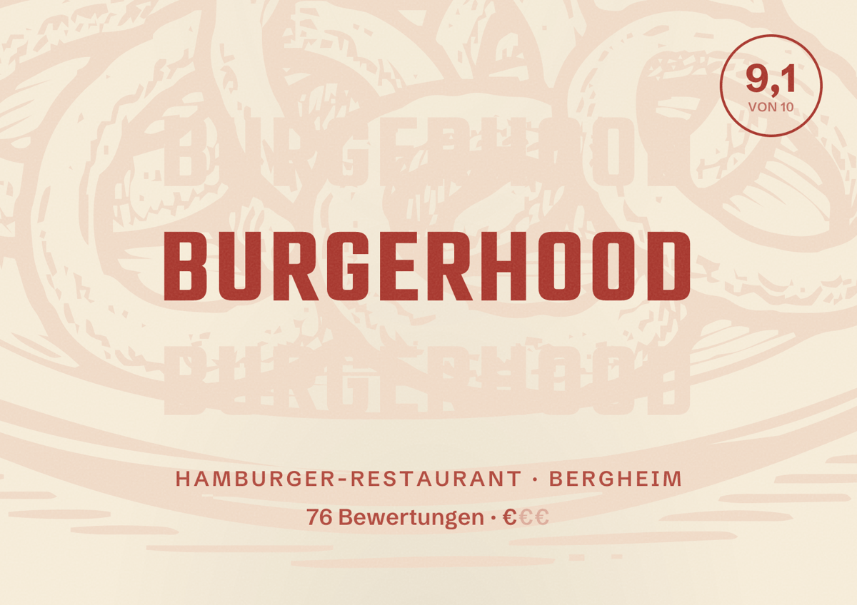 Illustriertes Poster von BURGERHOOD, Hamburger-Restaurant in Bergheim: Bewertung 9,1 von 10 aus 76 Bewertungen, Preisniveau €