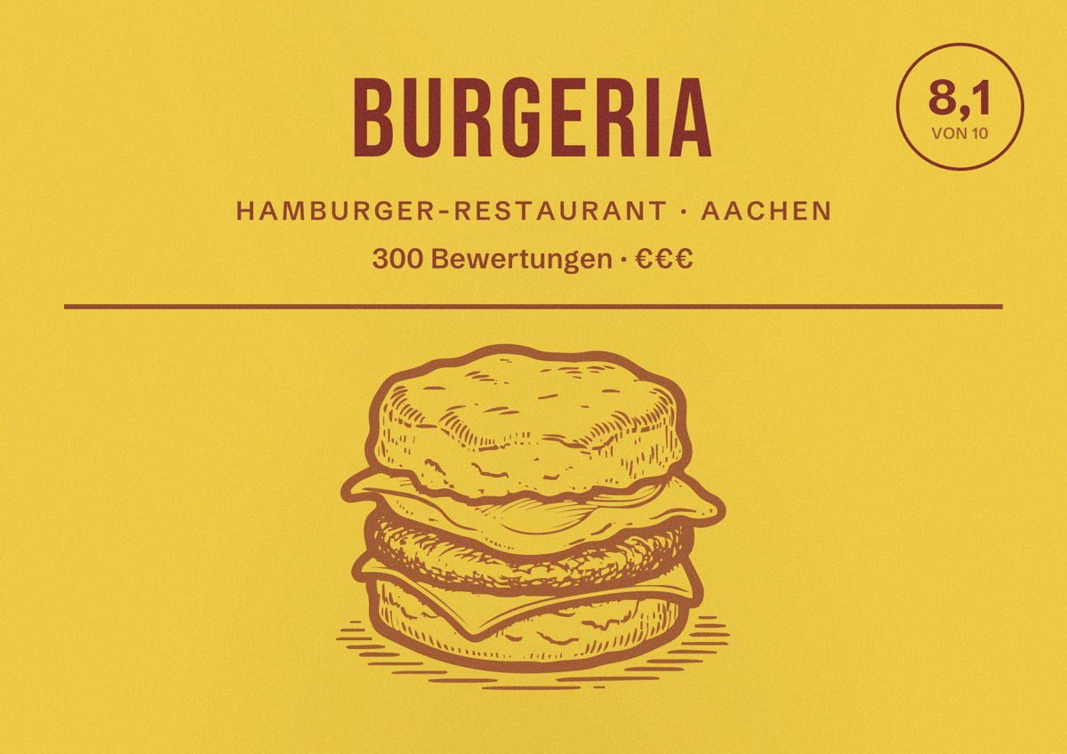 Illustriertes Poster von Burgeria, Hamburger-Restaurant in Aachen: Bewertung 8,1 von 10 aus 300 Bewertungen, Preisniveau €€€