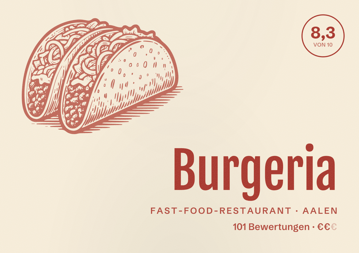 Illustriertes Poster von Burgeria, Fast-Food-Restaurant in Aalen: Bewertung 8,3 von 10 aus 101 Bewertungen, Preisniveau €€