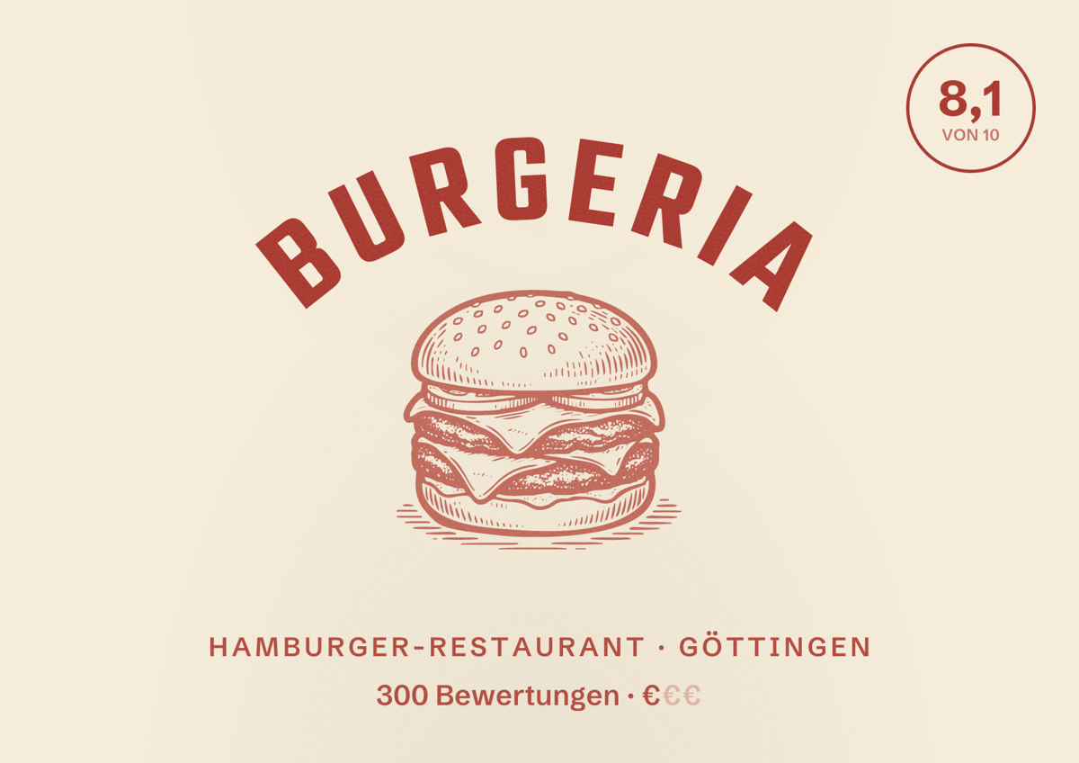 Illustriertes Poster von Burgeria, Hamburger-Restaurant in Göttingen: Bewertung 8,1 von 10 aus 300 Bewertungen, Preisniveau €