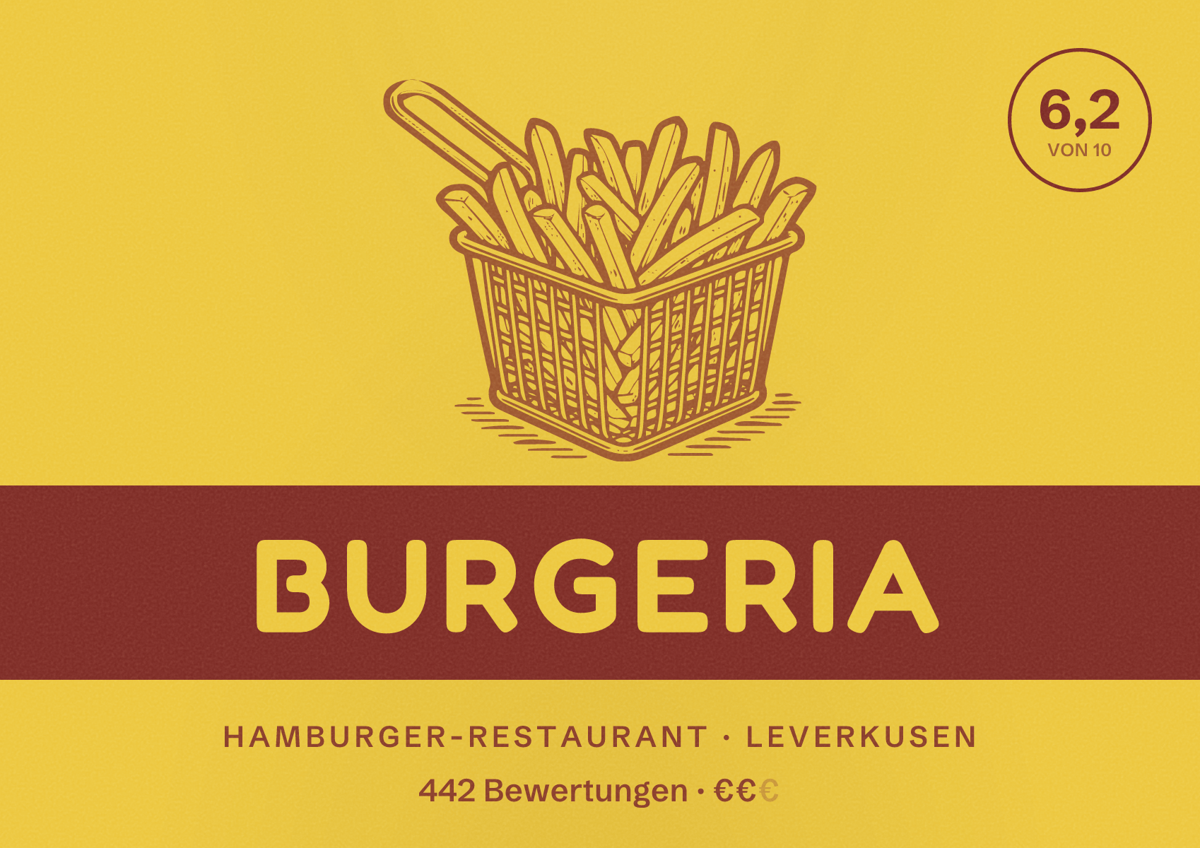 Illustriertes Poster von Burgeria, Hamburger-Restaurant in Leverkusen: Bewertung 6,2 von 10 aus 442 Bewertungen, Preisniveau €€
