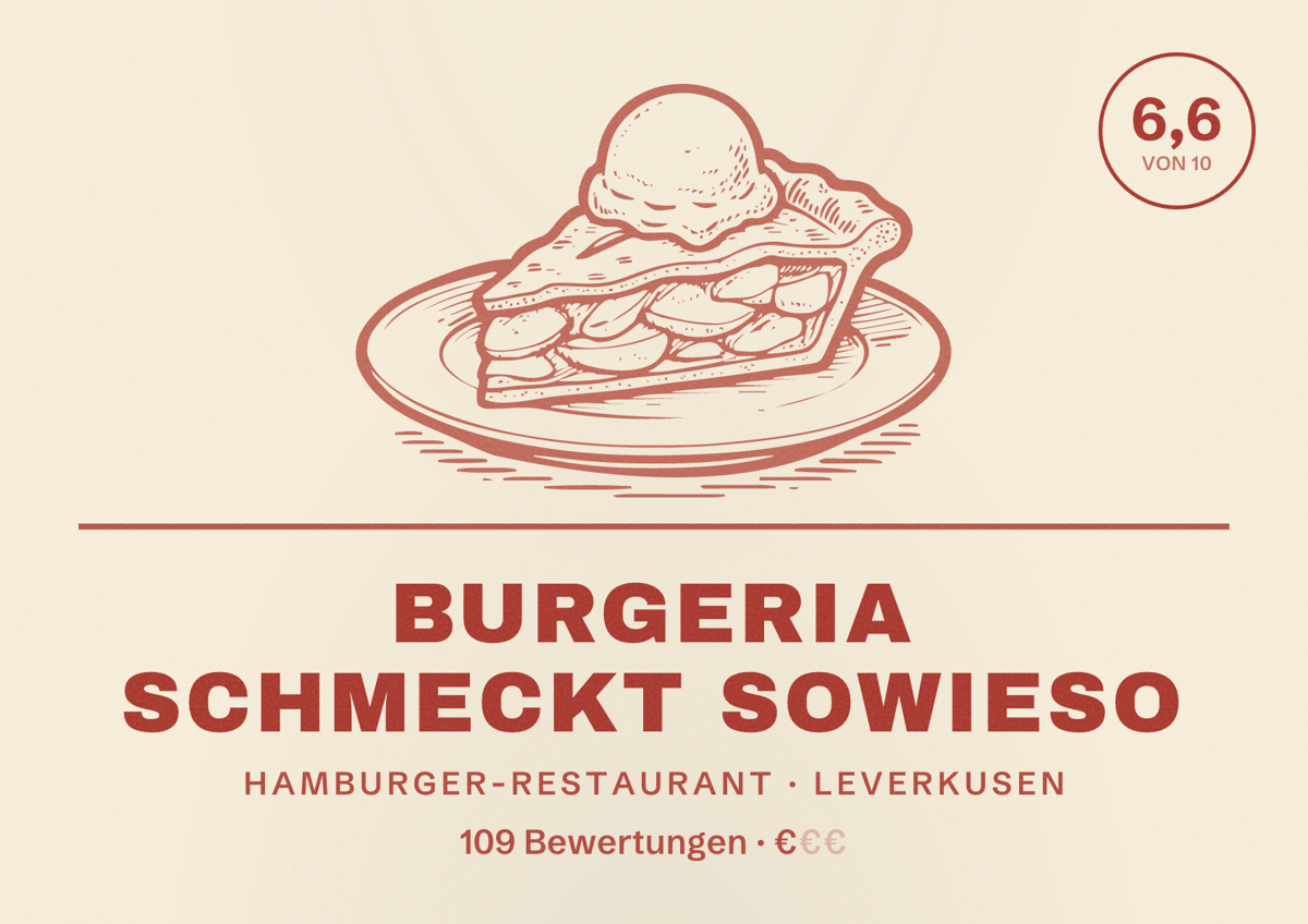 Illustriertes Poster von Burgeria Schmeckt SOWIESO, Hamburger-Restaurant in Leverkusen: Bewertung 6,6 von 10 aus 109 Bewertungen, Preisniveau €