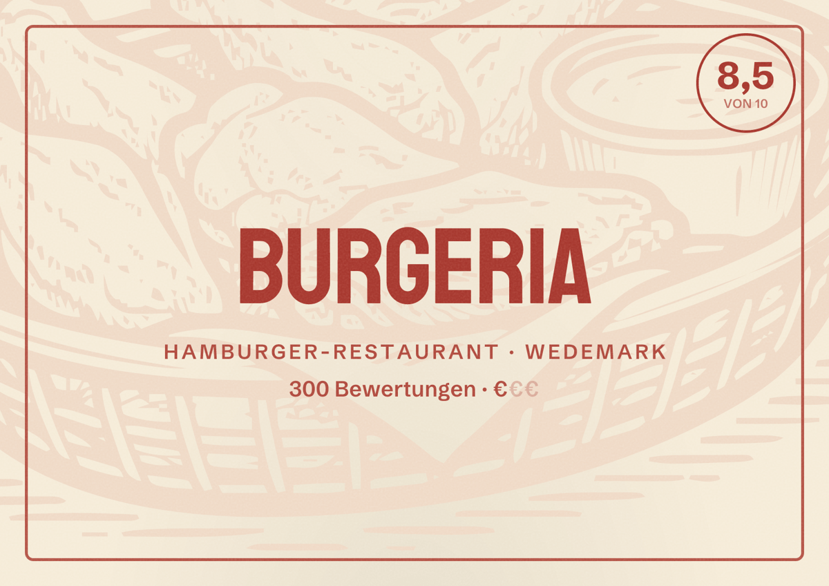 Illustriertes Poster von Burgeria, Hamburger-Restaurant in Wedemark: Bewertung 8,5 von 10 aus 300 Bewertungen, Preisniveau €