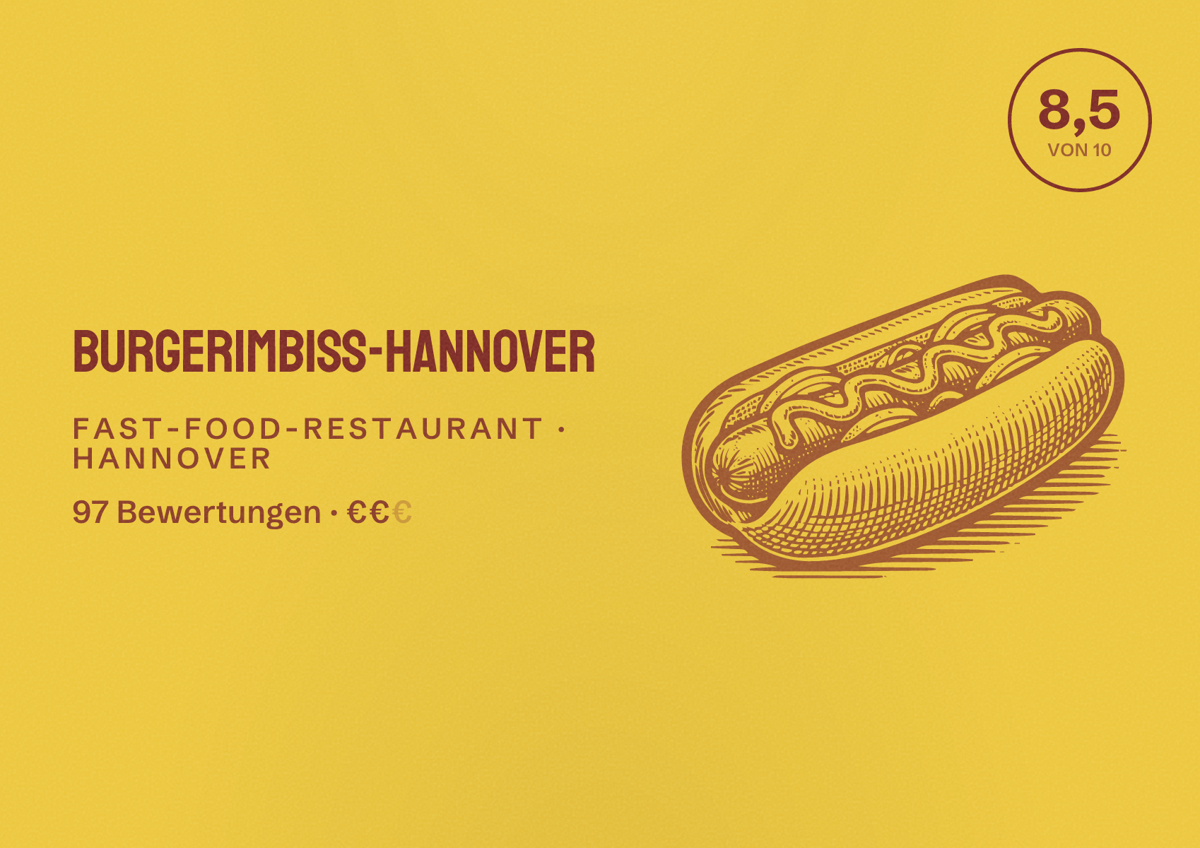 Illustriertes Poster von Burgerimbiss-Hannover, Fast-Food-Restaurant in Hannover: Bewertung 8,5 von 10 aus 97 Bewertungen, Preisniveau €€