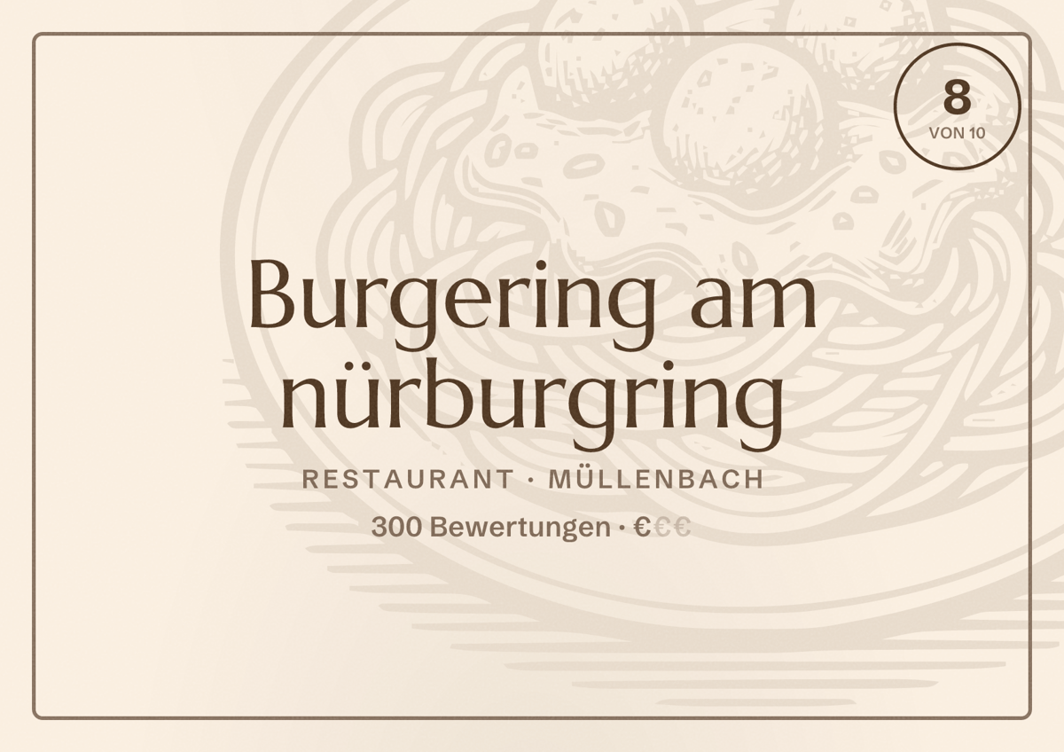 Illustriertes Poster von Burgering am nürburgring, Restaurant in Müllenbach: Bewertung 8 von 10 aus 300 Bewertungen, Preisniveau €