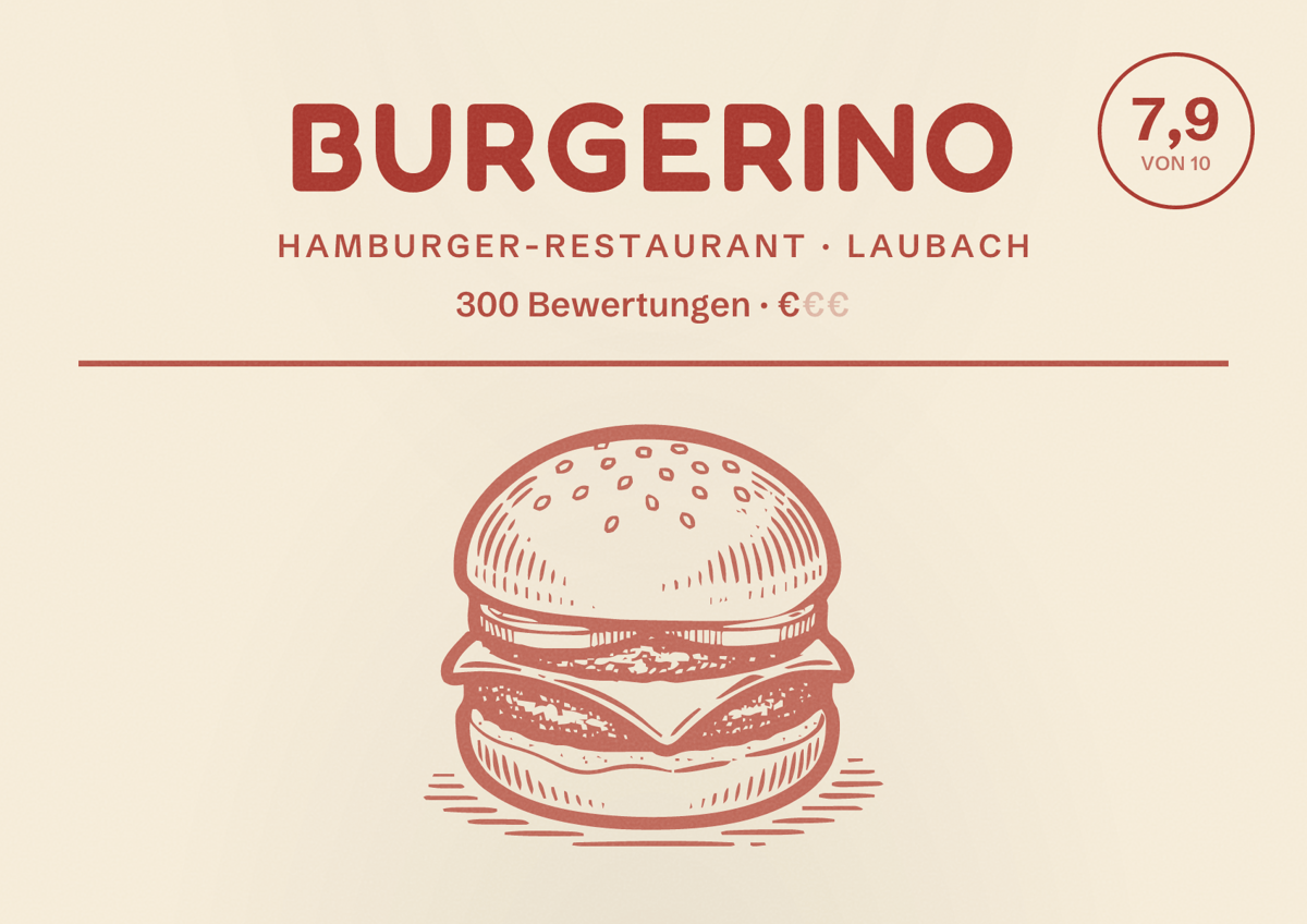Illustriertes Poster von Burgerino, Hamburger-Restaurant in Laubach: Bewertung 7,9 von 10 aus 300 Bewertungen, Preisniveau €