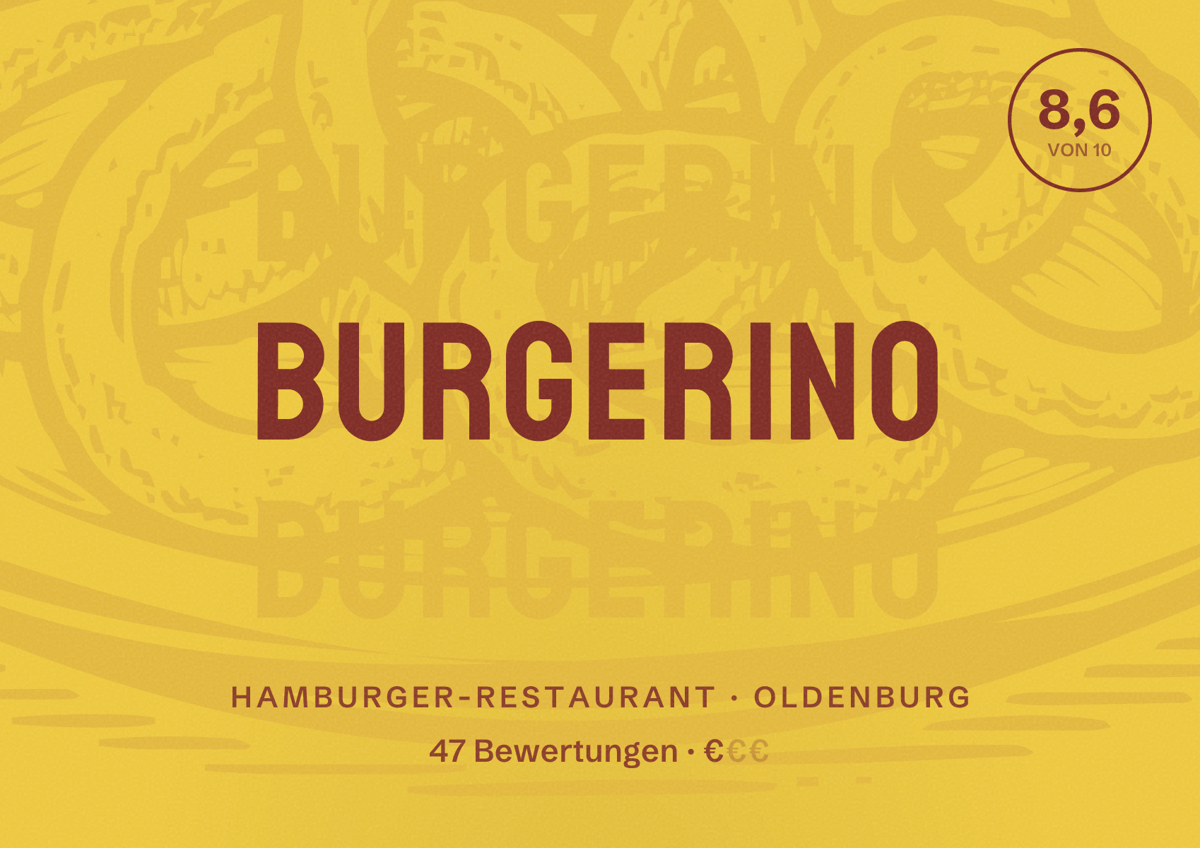 Illustriertes Poster von Burgerino, Hamburger-Restaurant in Oldenburg: Bewertung 8,6 von 10 aus 47 Bewertungen, Preisniveau €