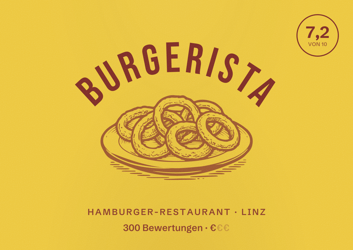 Illustriertes Poster von Burgerista, Hamburger-Restaurant in Linz: Bewertung 7,2 von 10 aus 300 Bewertungen, Preisniveau €