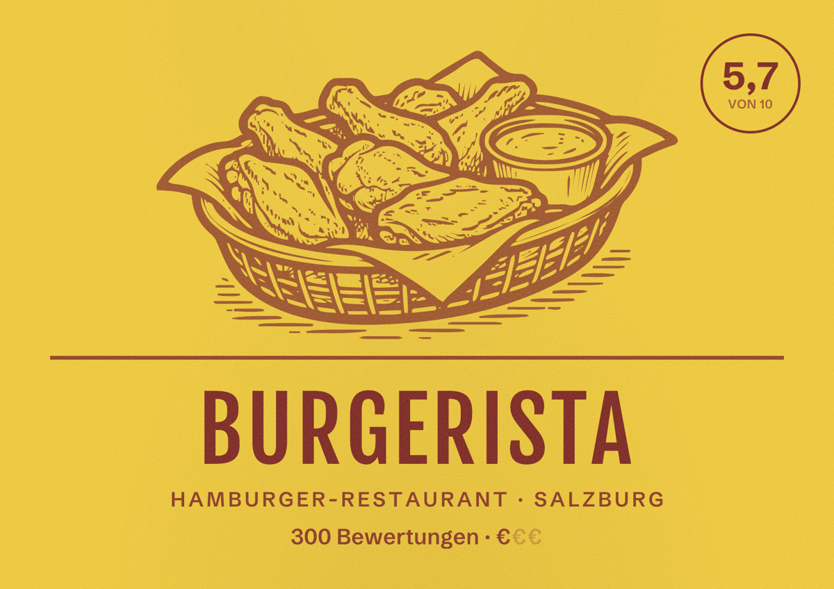 Illustriertes Poster von BURGERISTA, Hamburger-Restaurant in Salzburg: Bewertung 5,7 von 10 aus 300 Bewertungen, Preisniveau €