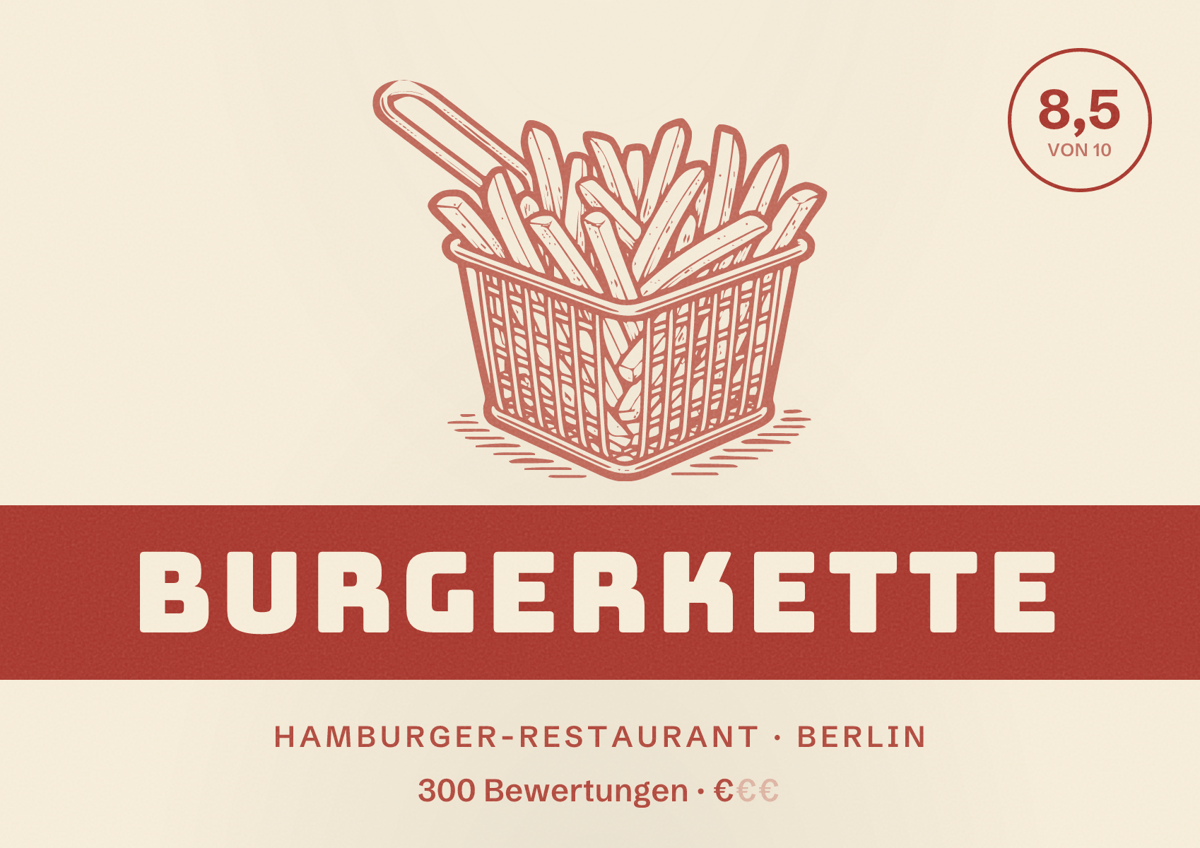 Illustriertes Poster von Burgerkette, Hamburger-Restaurant in Berlin: Bewertung 8,5 von 10 aus 300 Bewertungen, Preisniveau €