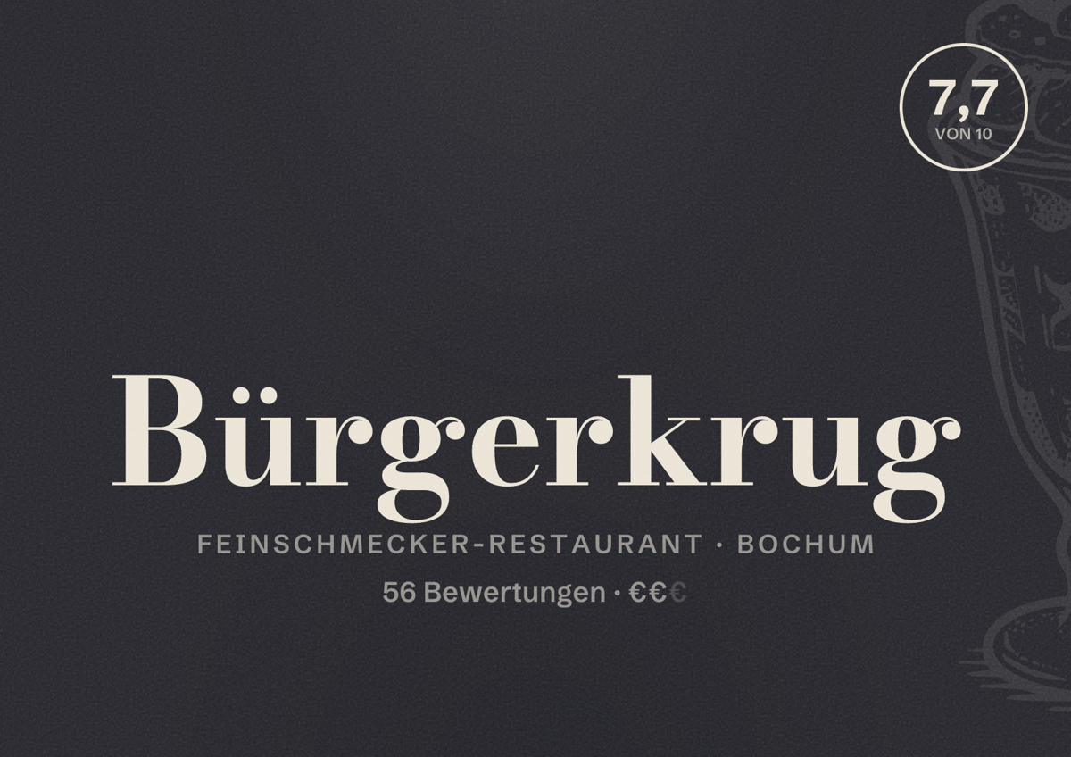 Illustriertes Poster von Bürgerkrug, Feinschmecker-Restaurant in Bochum: Bewertung 7,7 von 10 aus 56 Bewertungen, Preisniveau €€