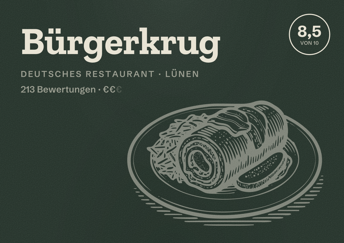 Illustriertes Poster von Bürgerkrug, Deutsches Restaurant in Lünen: Bewertung 8,5 von 10 aus 213 Bewertungen, Preisniveau €€