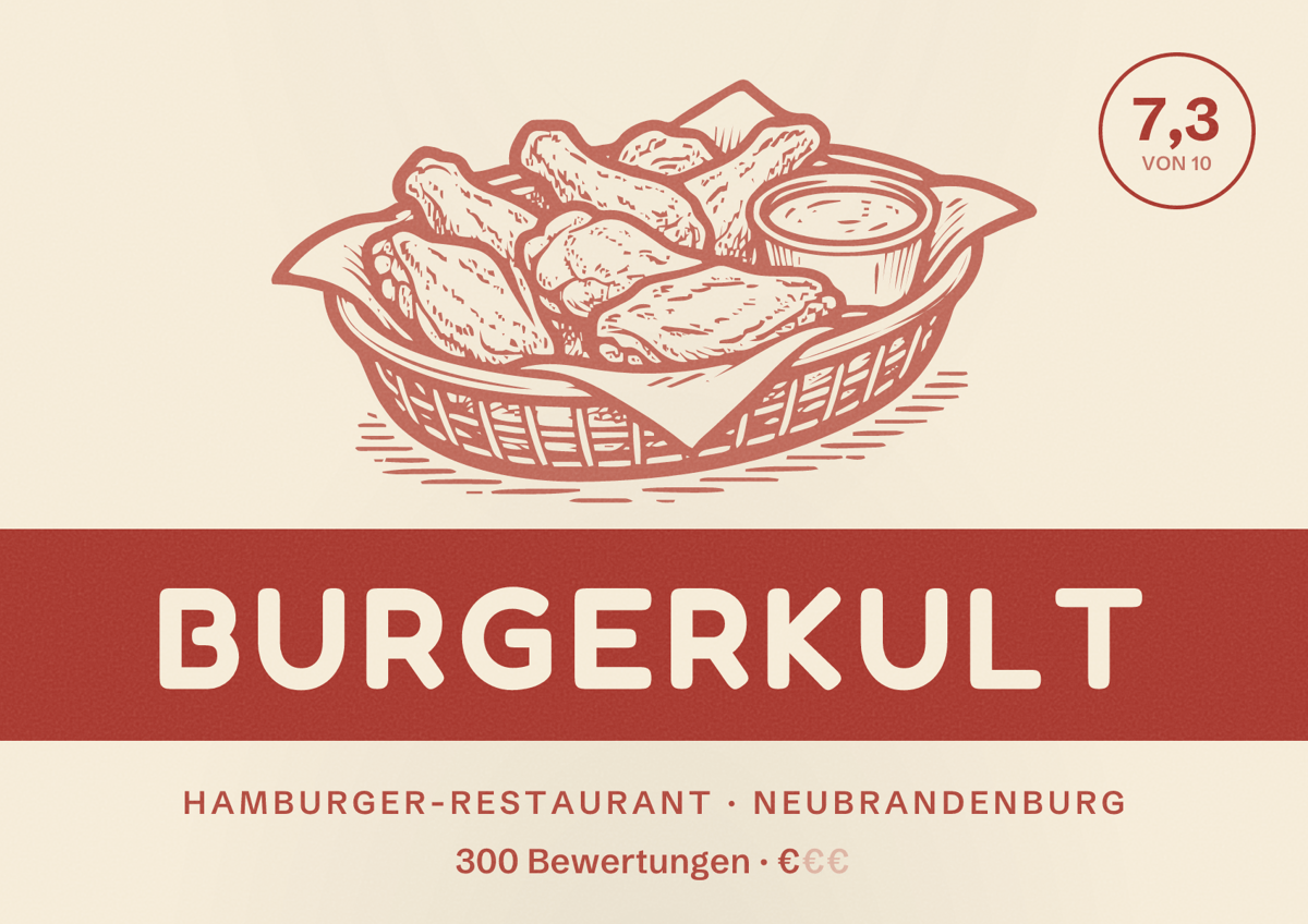 Illustriertes Poster von Burgerkult, Hamburger-Restaurant in Neubrandenburg: Bewertung 7,3 von 10 aus 300 Bewertungen, Preisniveau €