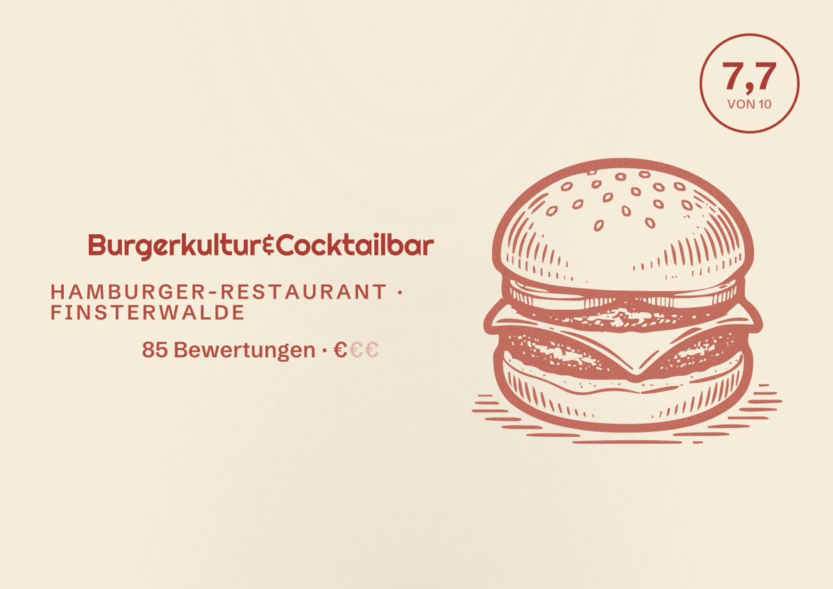 Illustriertes Poster von Burgerkultur&Cocktailbar, Hamburger-Restaurant in Finsterwalde: Bewertung 7,7 von 10 aus 85 Bewertungen, Preisniveau €