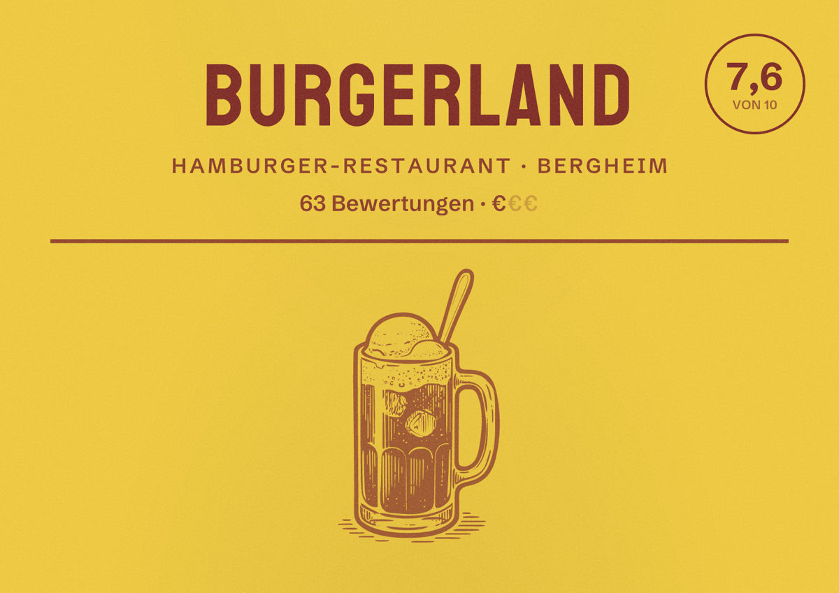 Illustriertes Poster von Burgerland, Hamburger-Restaurant in Bergheim: Bewertung 7,6 von 10 aus 63 Bewertungen, Preisniveau €