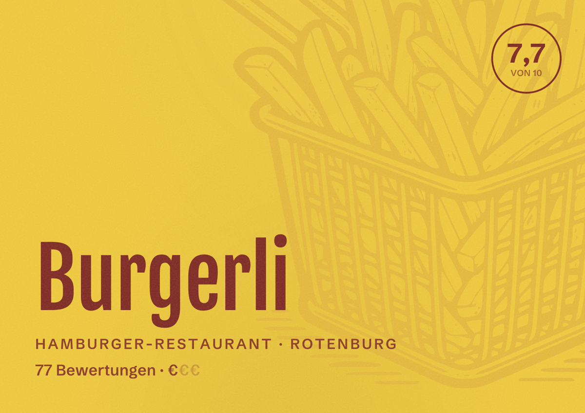 Illustriertes Poster von Burgerli, Hamburger-Restaurant in Rotenburg: Bewertung 7,7 von 10 aus 77 Bewertungen, Preisniveau €