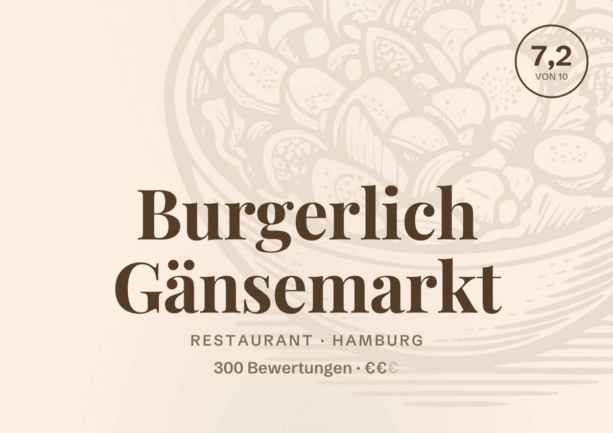 Illustriertes Poster von Burgerlich Gänsemarkt, Restaurant in Hamburg: Bewertung 7,2 von 10 aus 300 Bewertungen, Preisniveau €€