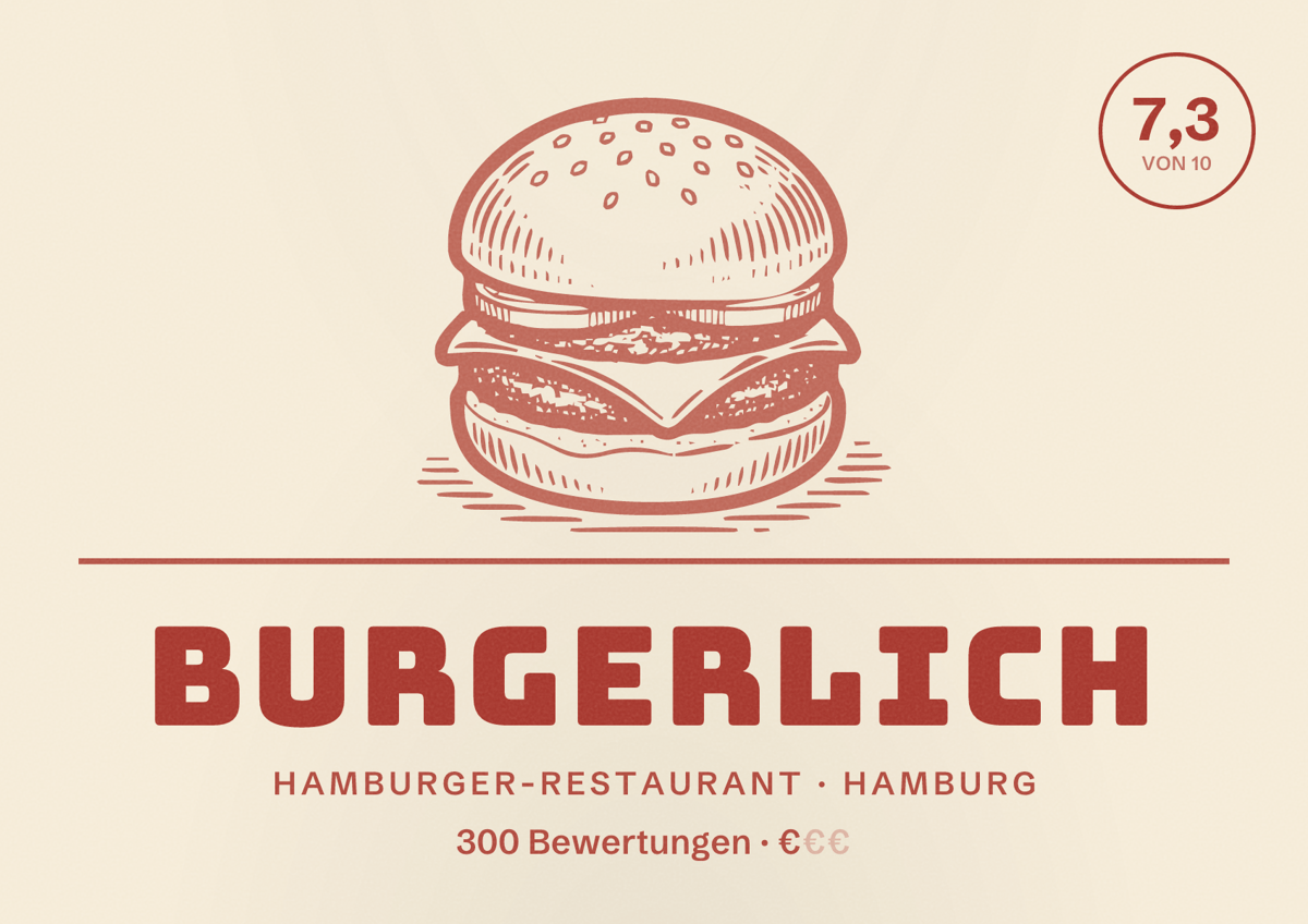 Illustriertes Poster von Burgerlich, Hamburger-Restaurant in Hamburg: Bewertung 7,3 von 10 aus 300 Bewertungen, Preisniveau €