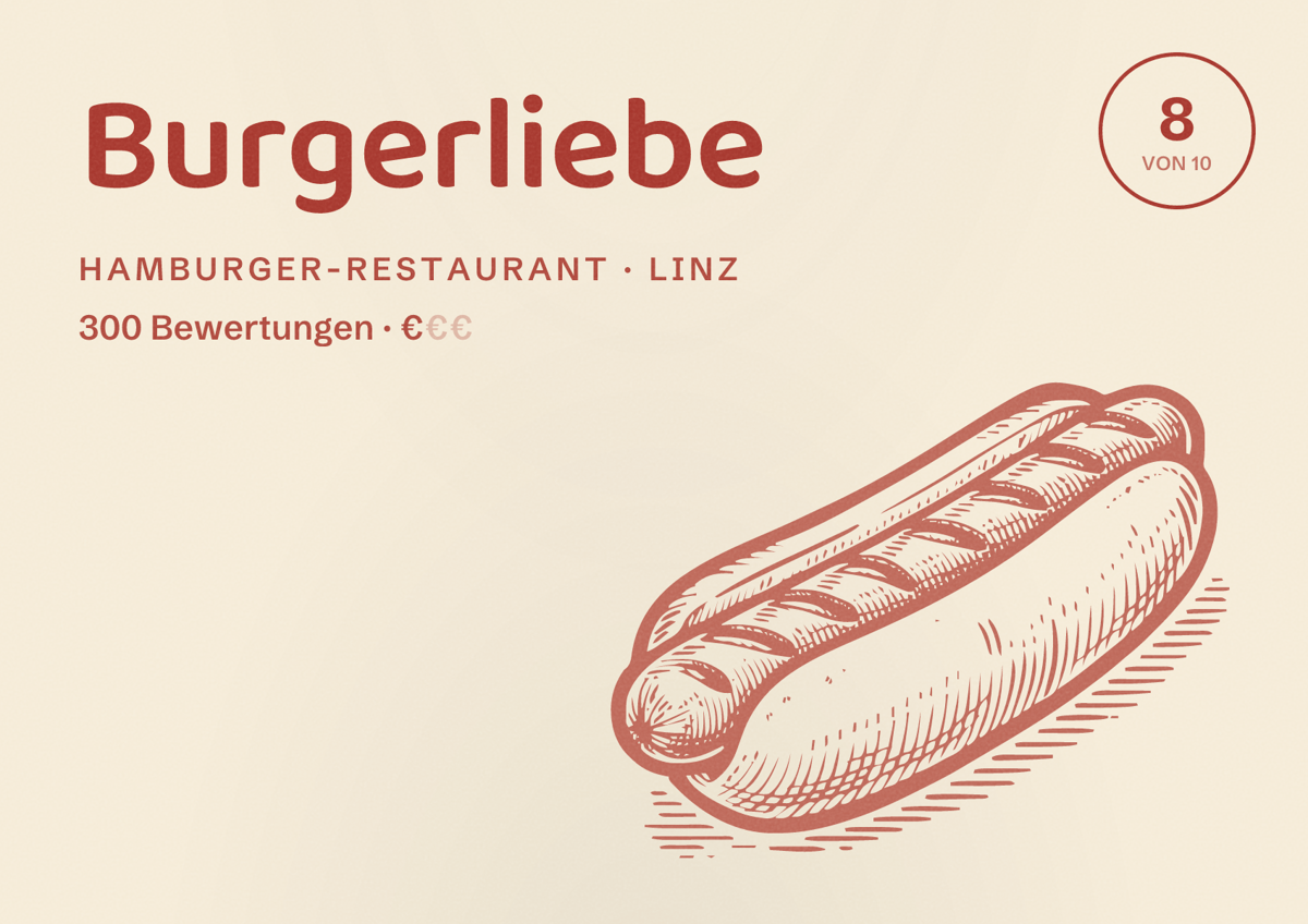 Illustriertes Poster von Burgerliebe, Hamburger-Restaurant in Linz: Bewertung 8 von 10 aus 300 Bewertungen, Preisniveau €