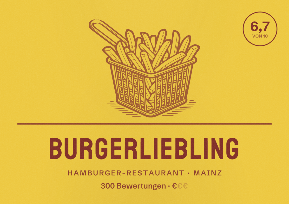 Illustriertes Poster von Burgerliebling, Hamburger-Restaurant in Mainz: Bewertung 6,7 von 10 aus 300 Bewertungen, Preisniveau €