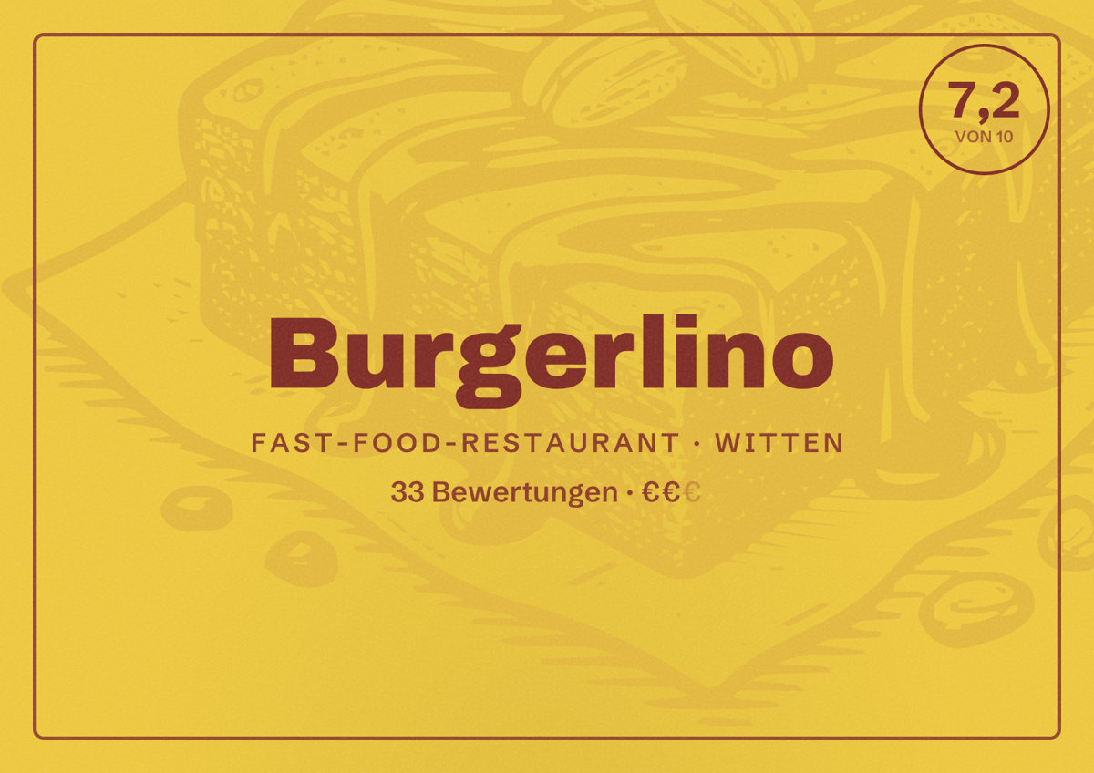 Illustriertes Poster von Burgerlino, Fast-Food-Restaurant in Witten: Bewertung 7,2 von 10 aus 33 Bewertungen, Preisniveau €€