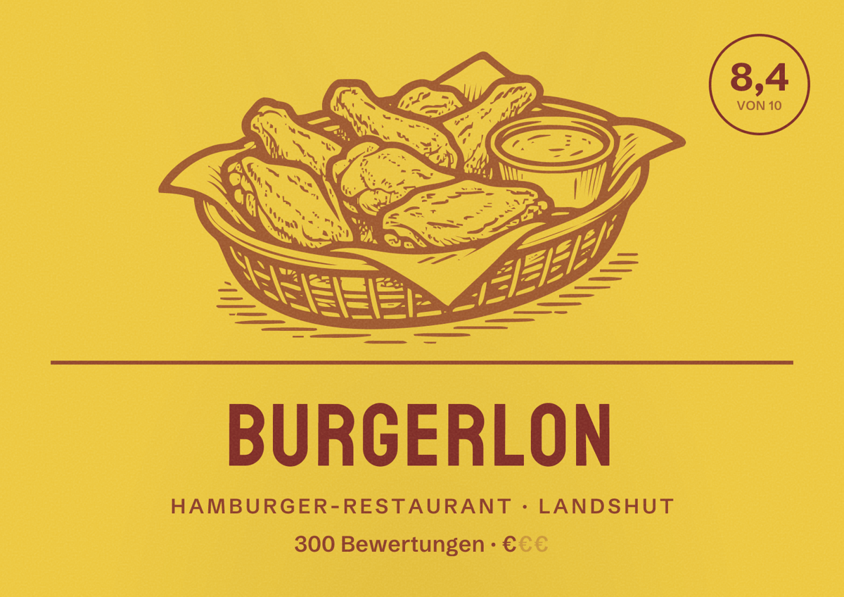 Illustriertes Poster von Burgerlon, Hamburger-Restaurant in Landshut: Bewertung 8,4 von 10 aus 300 Bewertungen, Preisniveau €