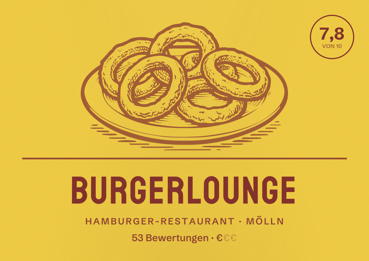 Illustriertes Poster von Burgerlounge, Hamburger-Restaurant in Mölln: Bewertung 7,8 von 10 aus 53 Bewertungen, Preisniveau €