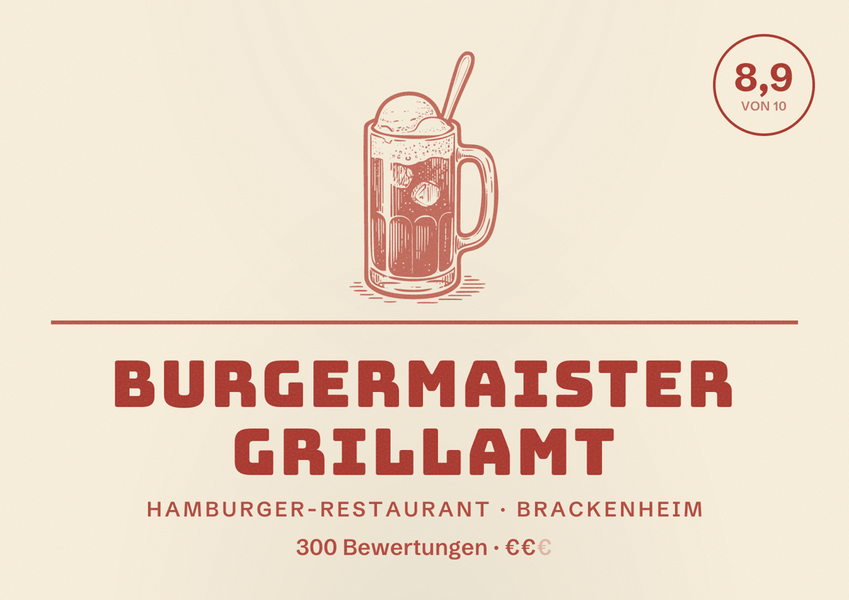 Illustriertes Poster von BURGERMAISTER GRILLAMT, Hamburger-Restaurant in Brackenheim: Bewertung 8,9 von 10 aus 300 Bewertungen, Preisniveau €€