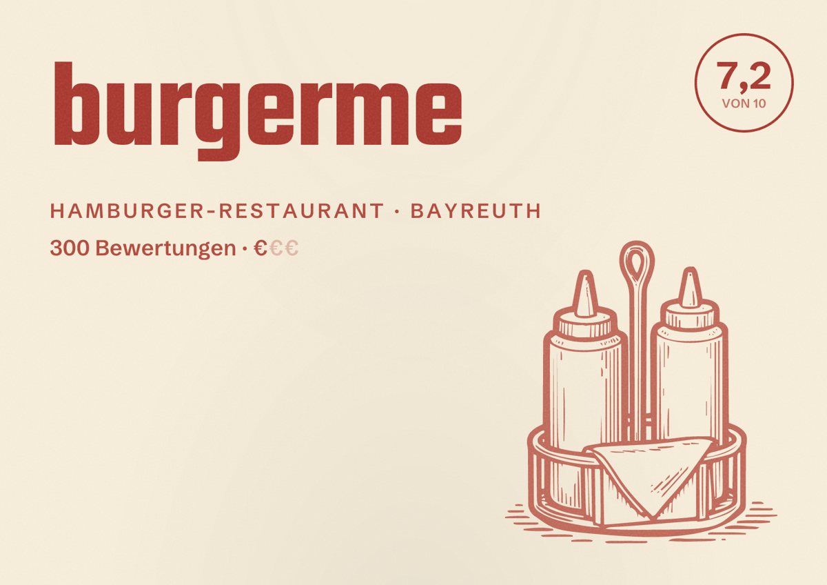 Illustriertes Poster von burgerme, Hamburger-Restaurant in Bayreuth: Bewertung 7,2 von 10 aus 300 Bewertungen, Preisniveau €