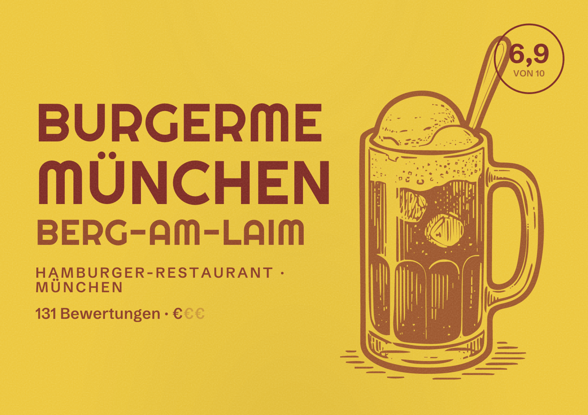Illustriertes Poster von burgerme München Berg-am-Laim, Hamburger-Restaurant in München: Bewertung 6,9 von 10 aus 131 Bewertungen, Preisniveau €