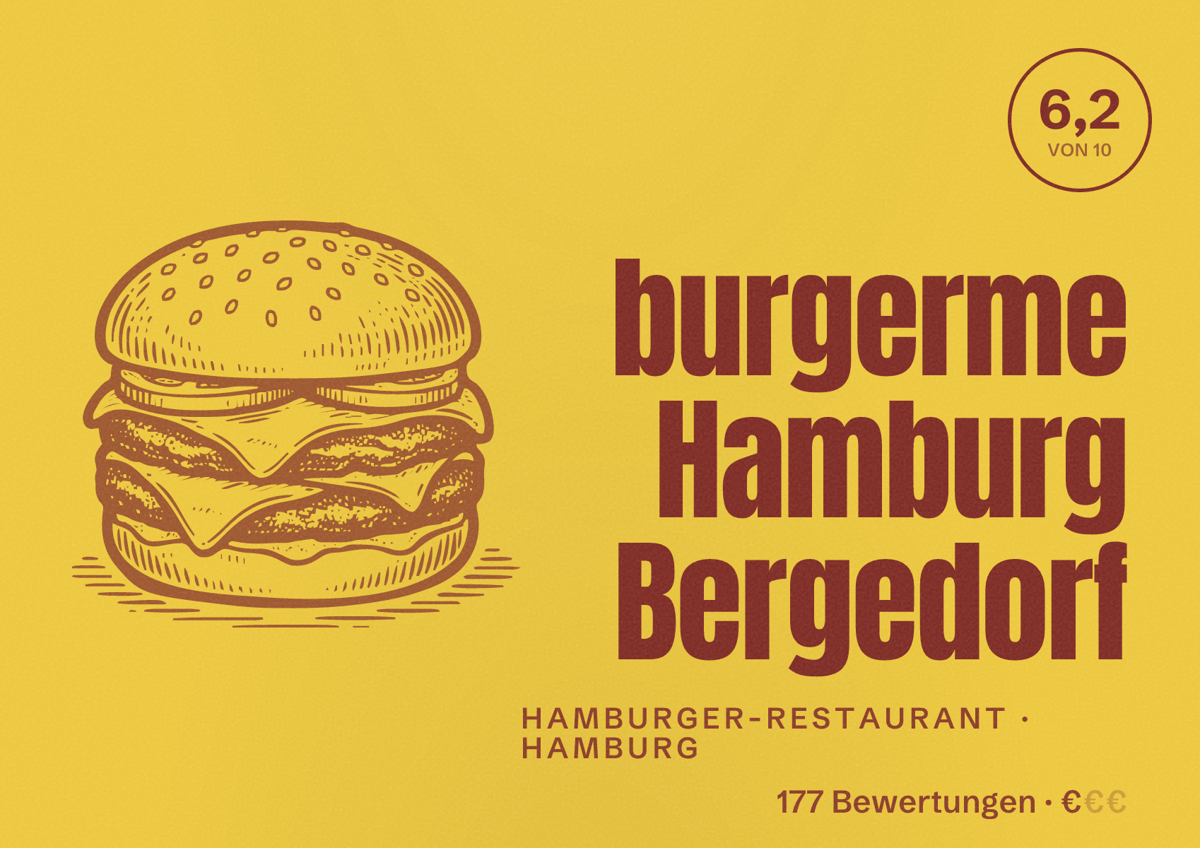 Illustriertes Poster von burgerme Hamburg Bergedorf, Hamburger-Restaurant in Hamburg: Bewertung 6,2 von 10 aus 177 Bewertungen, Preisniveau €