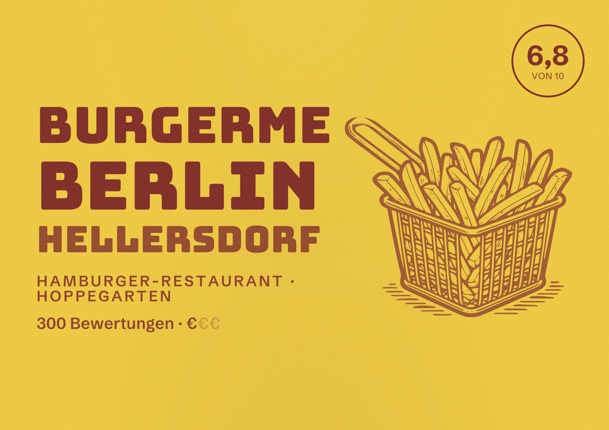 Illustriertes Poster von burgerme Berlin Hellersdorf, Hamburger-Restaurant in Hoppegarten: Bewertung 6,8 von 10 aus 300 Bewertungen, Preisniveau €